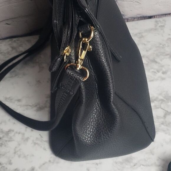 Two Tone Satchel Black Faux Leather Handbag with Decorative Lock - Picture 15 of 17